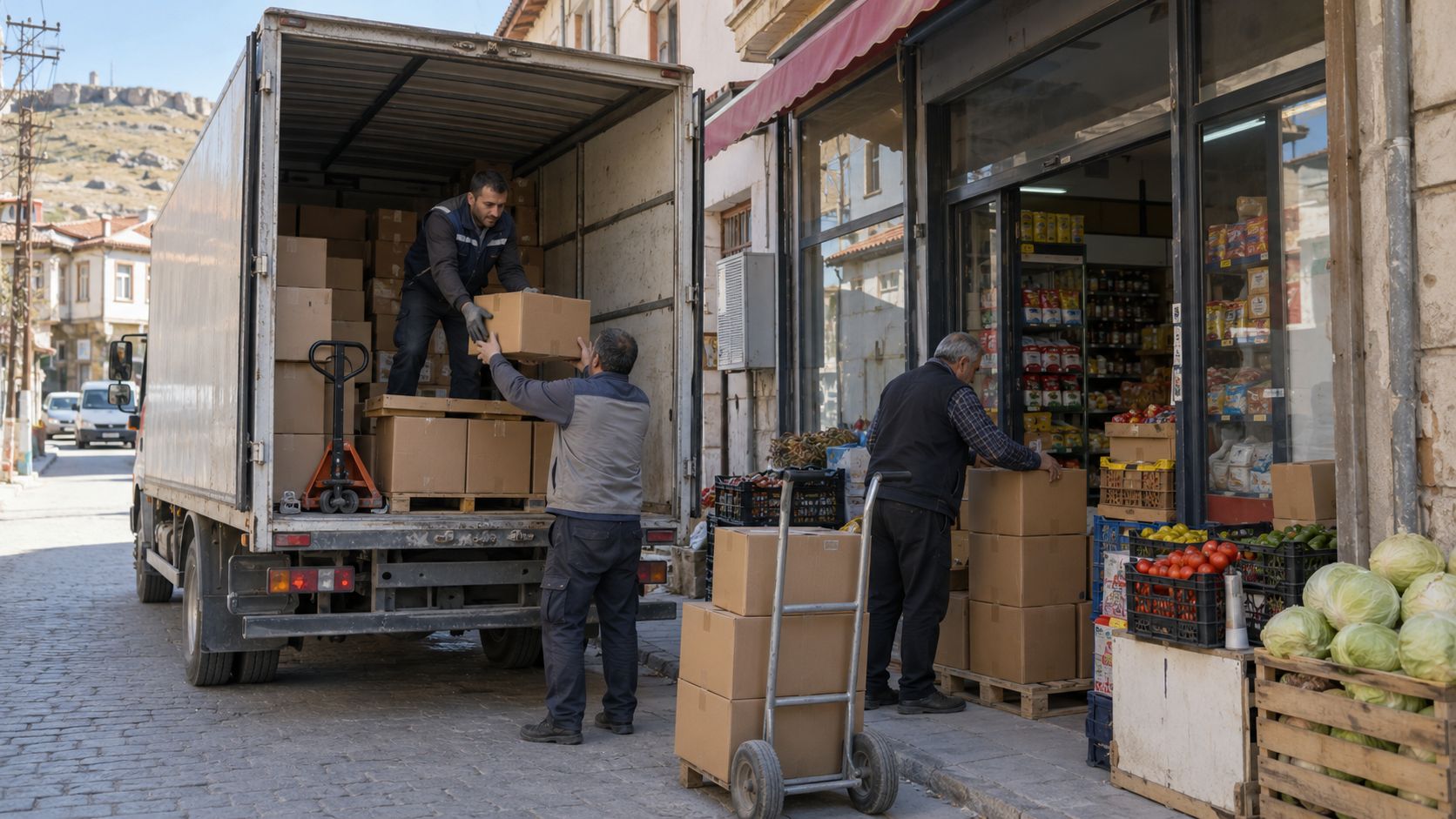 Delivery truck unloading packaged goods at a small grocery shop in a central Anatolian town in Türkiye.