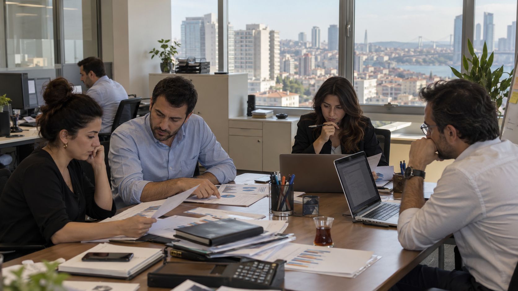 Commercial office of an FMCG distributor in Türkiye with the sales team reviewing reports at their desks.