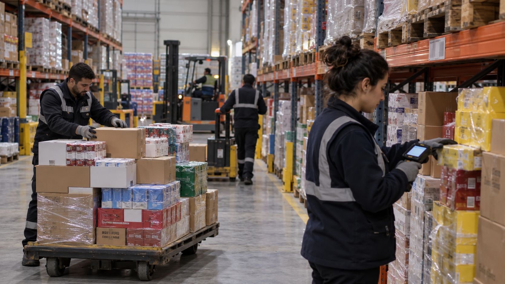 Order picking in an FMCG distribution centre in Türkiye with staff using handheld scanners to build mixed pallets.