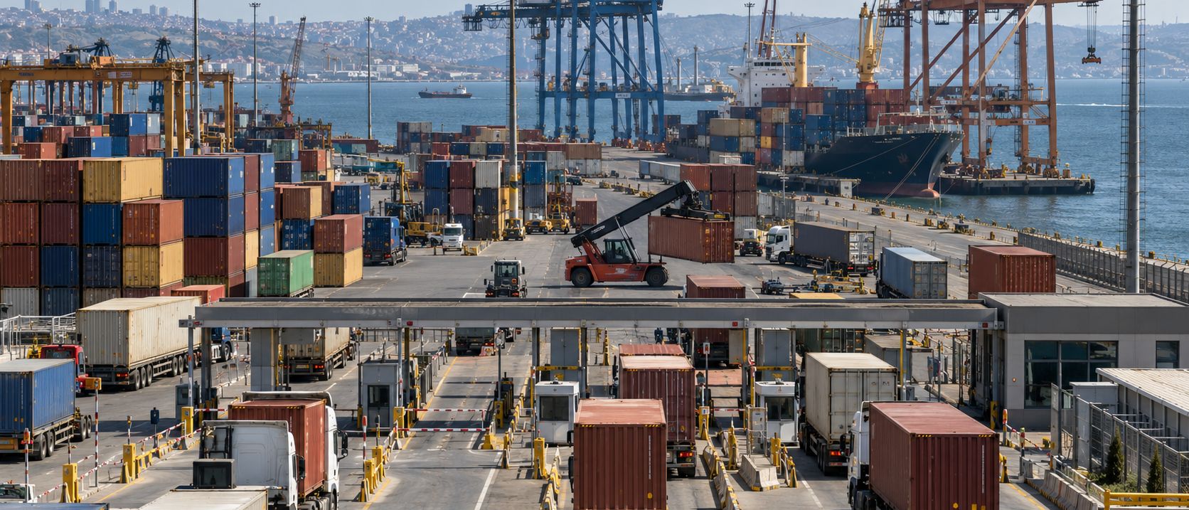 Container terminal on the Sea of Marmara in Türkiye with trucks queuing at the gates and gantry cranes behind.